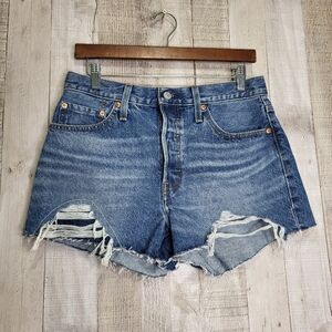 Levi's 501 Classic Blue Distressed Jean Shorts. 28. Button Fly.